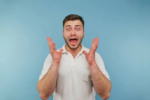 Portrait Shocked Man Bristles Blue Background Happy Face Looking Camera — стоковое фото