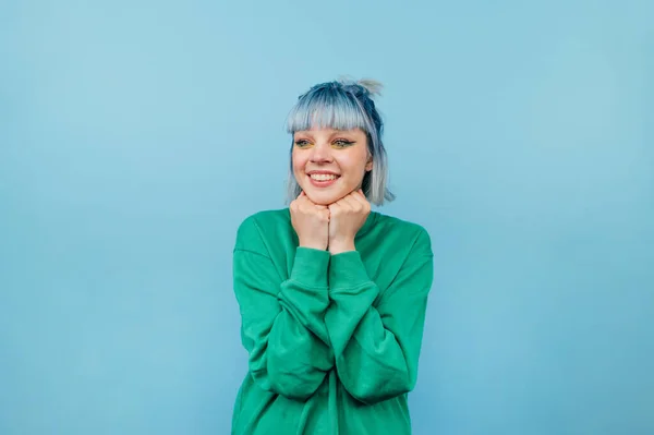 Happy Hipster Girl Colored Hair Stands Blue Background Smile His — ストック写真