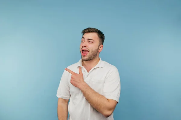 Positive Man White Shirt Bristles Stands Blue Background Looks Camera — Foto de Stock