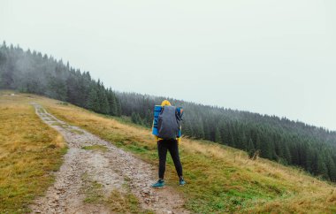 Sırtında sırt çantası olan bir erkek yürüyüşçü yağmurlu bir havada dağdaki bir çayırda, bir patikada dikiliyor.