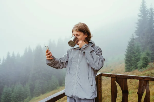 Handsome Young Man Stands Morning Foggy Weather Mountains Terrace Country — Stock Photo, Image