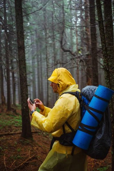 Yağmurluk giymiş ve sırtında sırt çantasıyla elinde akıllı bir telefonla ormanda yürüyüş yapan ve internetin tadını çıkaran bir erkek turist. Dikey