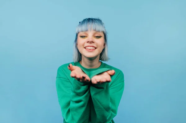 Portrait Joyful Hipster Girl Blue Hair Stands Blue Background Smile — Φωτογραφία Αρχείου