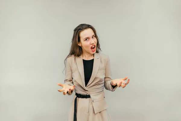 Portrait Aggressive Female Worker Suit Emotionally Angry Screaming Looking Camera — Stock Photo, Image