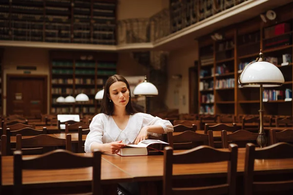 Stylish Woman White Blouse Sitting Long Table Old Public Library — 스톡 사진