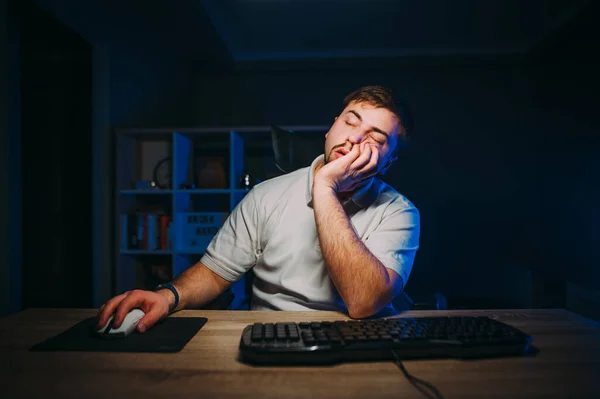 Tired Man White Shirt Fell Asleep While Working Home Computer — Foto de Stock