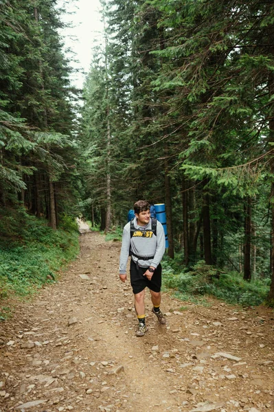 身穿休闲装背着背包的男性徒步旅行者在穿过树林的小径上走到山上 垂直方向 — 图库照片