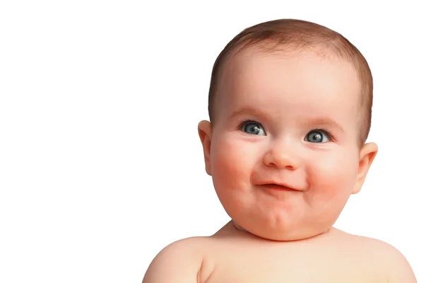 Niedliches lächelndes Baby mit offenen blauen Augen aus nächster Nähe lizenzfreie Stockbilder