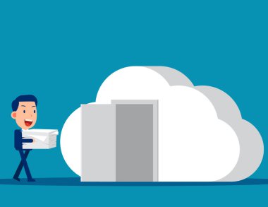 Bulutlu odada iş adamı şeyleri. İş vektörü illüstrasyonu.