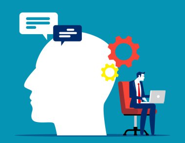 Büyük insan kafasında dizüstü bilgisayarla çalışan bir iş karakteri. Ofis çalışanı iletişim konsepti