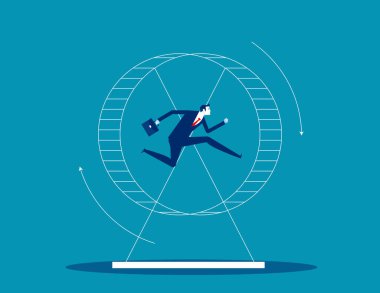 Hamster tekerleğinde koşan bir iş adamı. Gelecekteki perspektif ve büyüme olmadan anlamsız enerji atığı