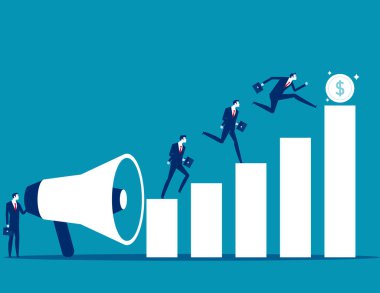 Girişimciler için megafon motivasyon konuşması. İş büyüten bar tablosu vektör illüstrasyonu