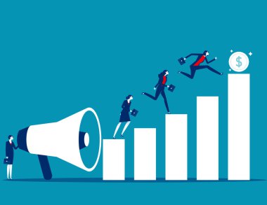 Girişimciler için megafon motivasyon konuşması. İş büyüten bar tablosu vektör illüstrasyonu