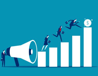 Girişimciler için megafon motivasyon konuşması. İş büyüten bar tablosu vektör illüstrasyonu