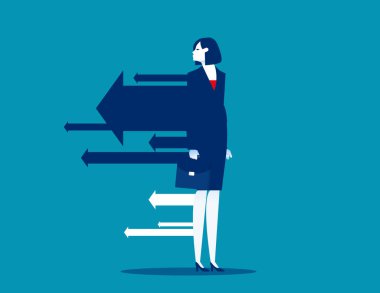 Navigasyon oku olan bir iş kadını. İş yönü vektör illüstrasyonu