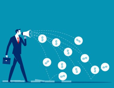 İşadamı para tükürüyor. İş finansal vektör illüstrasyonu kavramı