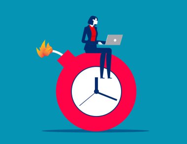 İş adamı saatli bombanın üzerinde oturuyor. İşiyle meşgul. İş zamanı vektör illüstrasyonu