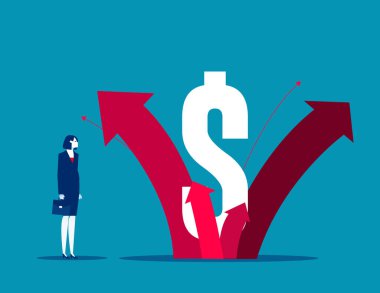 Amerikan para biriminin etrafında kırmızı ok büyüyor. Mali büyüme para birimi