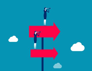 Team standing on arrows of different heights and holding binoculars to look into the distance 