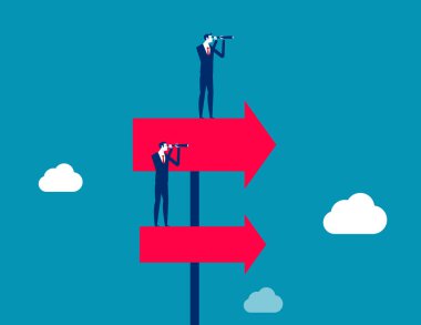 Team standing on arrows of different heights and holding binoculars to look into the distance 