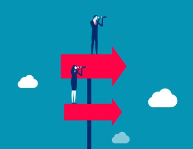 Team standing on arrows of different heights and holding binoculars to look into the distance 