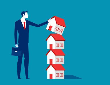 Business person pushed down the piled up house. Business investor vector illustration