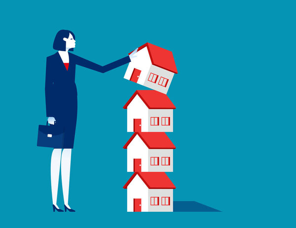 Business person pushed down the piled up house. Business investor vector illustration