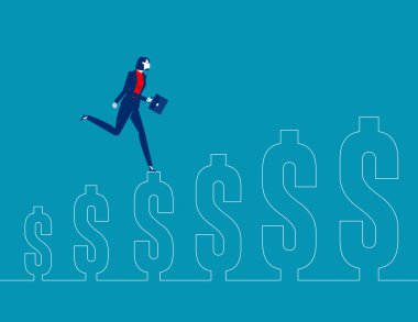 İş kadını dolar işaretiyle koşuyor. İş karlı vektör illüstrasyonu