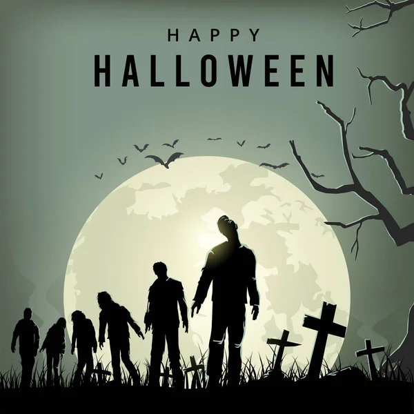 Halloween Assustador Pôster Noite Silhueta Zumbis Andando Ilustração Vetorial —  Vetores de Stock