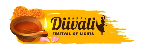 Bannière Festival Diwali Avec Lampe Huile Diya Fleurs Sur Fond — Image vectorielle