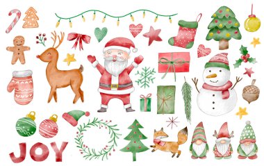 Ağaç, kardan adam, gnomea, hediye, Noel Baba, ren geyiği ve çiçekli suluboya Noel elementleri.. 