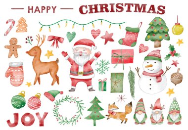 Bir grup suluboya Noel elementi ağaç, kardan adam, gnomea, hediye, Noel Baba, ren geyiği ve çiçekle beyaz arka planda tırmanıyor.. 