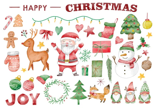 Bir grup suluboya Noel elementi ağaç, kardan adam, gnomea, hediye, Noel Baba, ren geyiği ve çiçekle beyaz arka planda tırmanıyor.. 