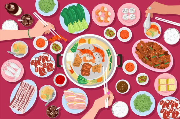 Ovanifrån Människor Som Äter Thai Stil Bbq Vektor Illustration — Stock vektor