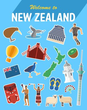 Yeni Zelanda simge çıkartmaları. Kivi kuşu, Maori, Ağaç oymacılığı, Koyun, Parmak arası terlik, Harita, Balina, Bayrak, Rugby ve Kivi meyvesi