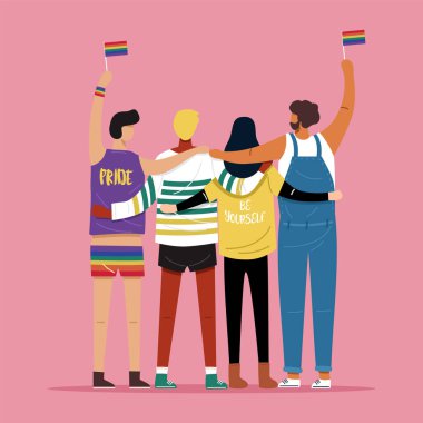 Gençlerin birbirine sarılıp LGBT gökkuşağı bayrağını tutmasının arka planı.