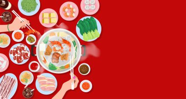Tayland usulü BBQ ya da Moo Kata yiyen insanların üst görünümü, Vektör İllüstrasyonu