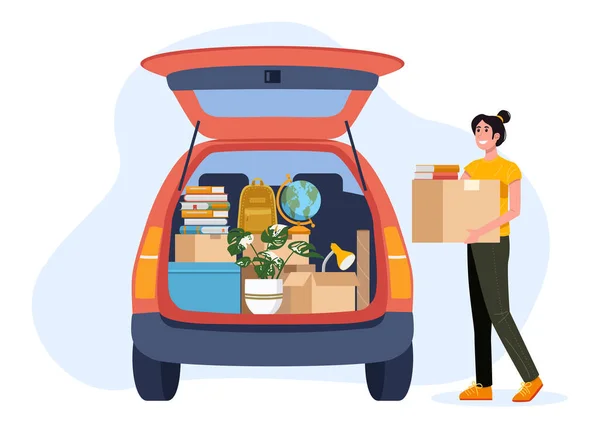 College Student Packing Car Moving Dormitory Apartment — Image vectorielle