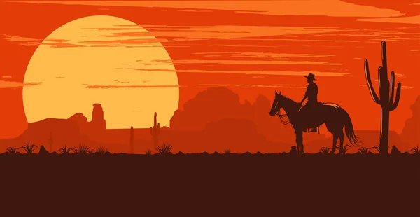 Siluet Koboi Kesepian Menunggang Kuda Saat Matahari Terbenam Vector Illustration - Stok Vektor