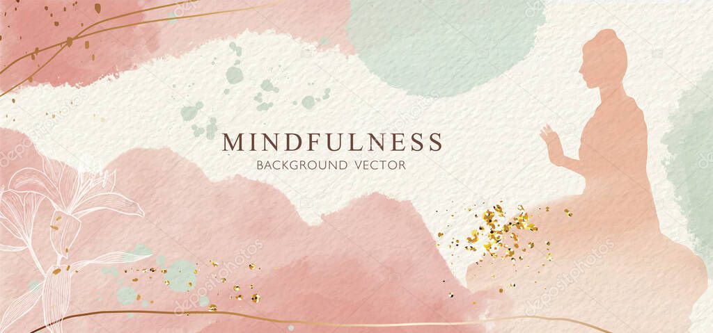 Abstract watercolor background with Buddha, gold texture and hand drawn Lily flower. Vector