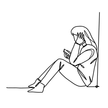 Devamlı çizgi çizimi. Üzgün kadın cep telefonuna bakıyor. Vektör