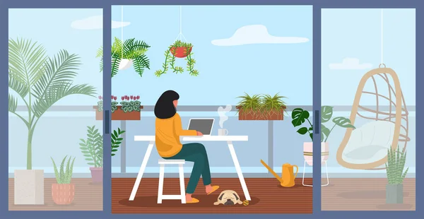 Woman Working Laptop Apartment Balcony Decorated Green Plants Vector Illustration — Stock Vector