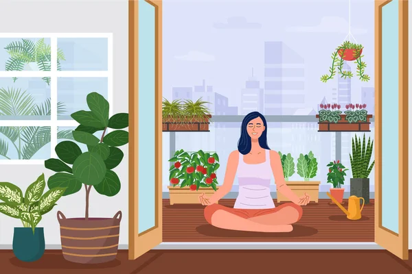 Woman Doing Yoga Meditation Apartment Balcony Decorated Green Plants Vector — Stock Vector