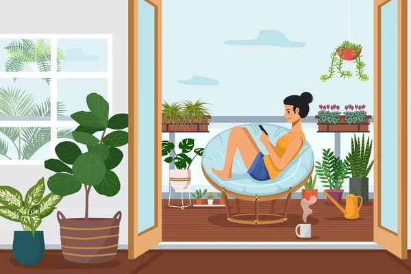 Woman Using Smartphone Apartment Balcony Decorated Green Plants Vector Illustration — Stock Vector