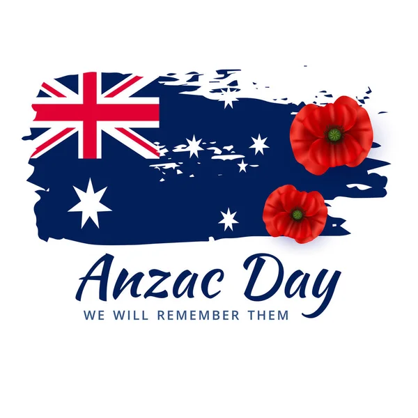 Anzac Day Card Australian Flag Red Poppy Flower Vector — Stock Vector