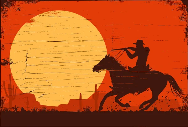 Silhouette Cowboy Riding Horse Carrying Gun Sunset — Vetor de Stock