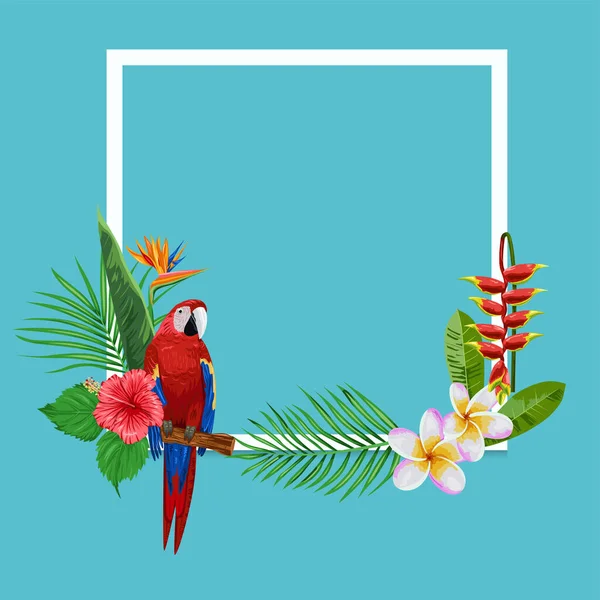 Cadre Avec Illustration Perroquet Coloré Plans Tropicaux — Image vectorielle