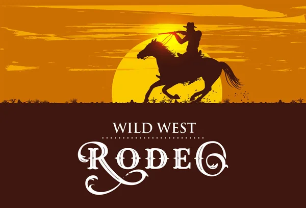 Silhouette Cowboy Riding Horse Carrying Gun Sunset — Stock Vector