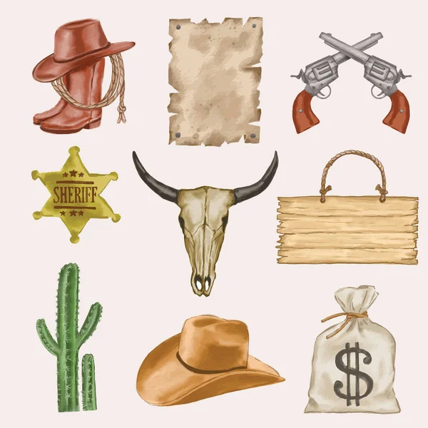 Set Illustrazione Acquerello Disegnato Mano Stivali Cowboy Distintivo Sceriffo Pistola — Vettoriale Stock