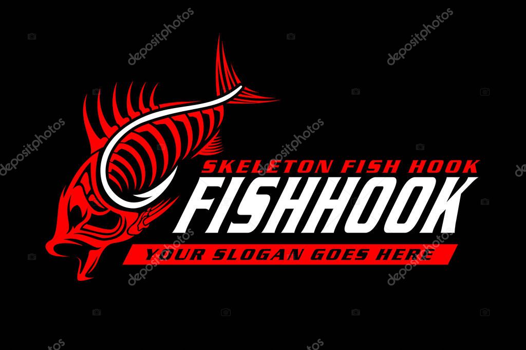 Hook and fish skull skeleton in modern vintagelogo design style template on black dark background vector illustration